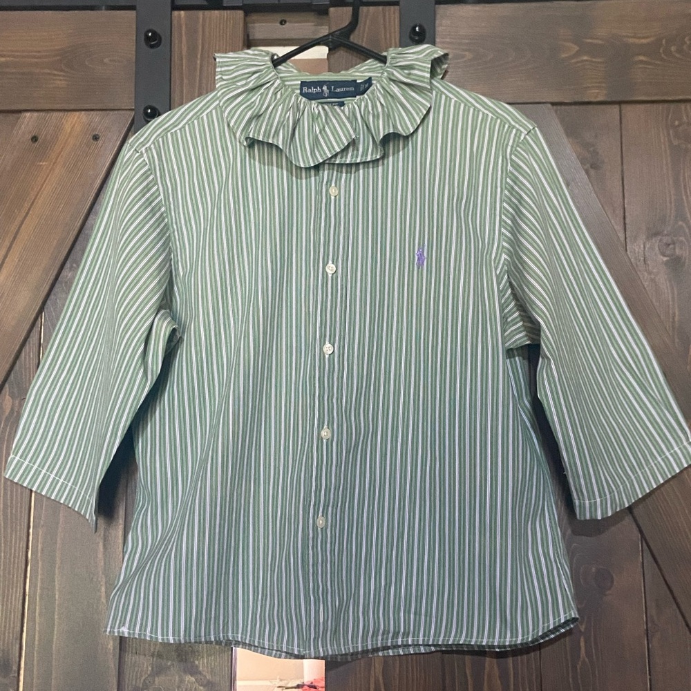 Ralph Lauren Green and White Striped Ruffle-Collar Button Shirt